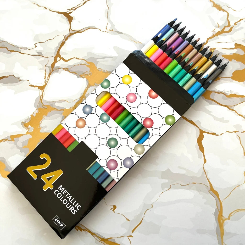 24 Count Metallic Colored Pencils Assorted Coloring Pencil Set Wooden Drawing Pencils for Kids Art Drawing Coloring Book