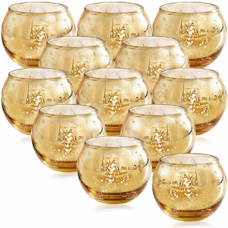 12 Pcs Gold Votive Candle Holders -Gold Mercury Glass Votives Tea Light Candle Holders for Wedding Table Centerpieces, Ramadan, Anniversary, Bridal Shower, Birthday Decor