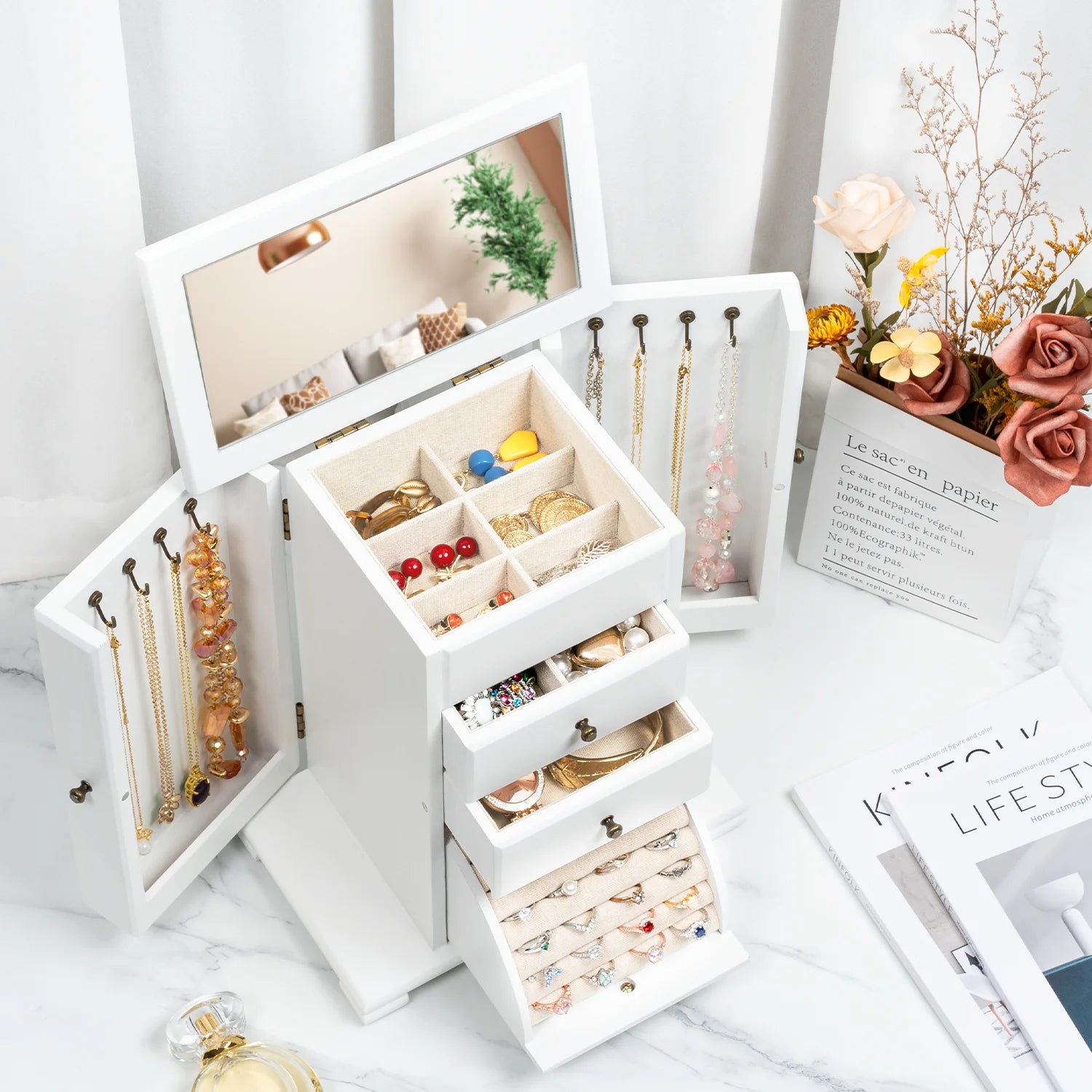 Jewelry Box, Wooden Jewelry Boxes for Women, Jewelry Organizer Box Display for Rings Earrings Necklaces Bracelets,Weathered White