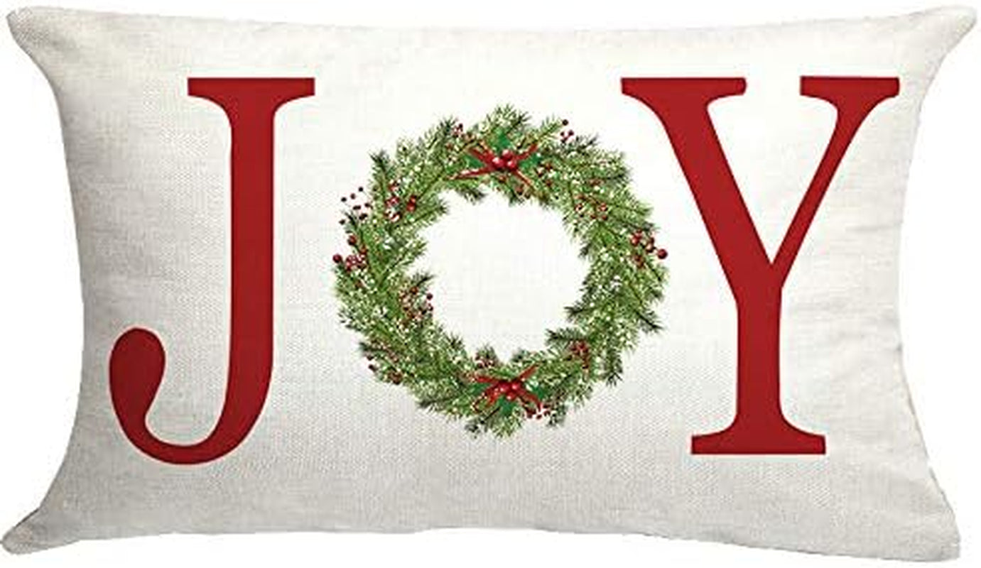 Joy with Wreath Throw Pillow Cover Farmhouse Christmas Decor Cuhion Cover Buffalo Check Trees Pillow Cover Farm Decor 20X12 Inch Outdoor Pillow Cushion,