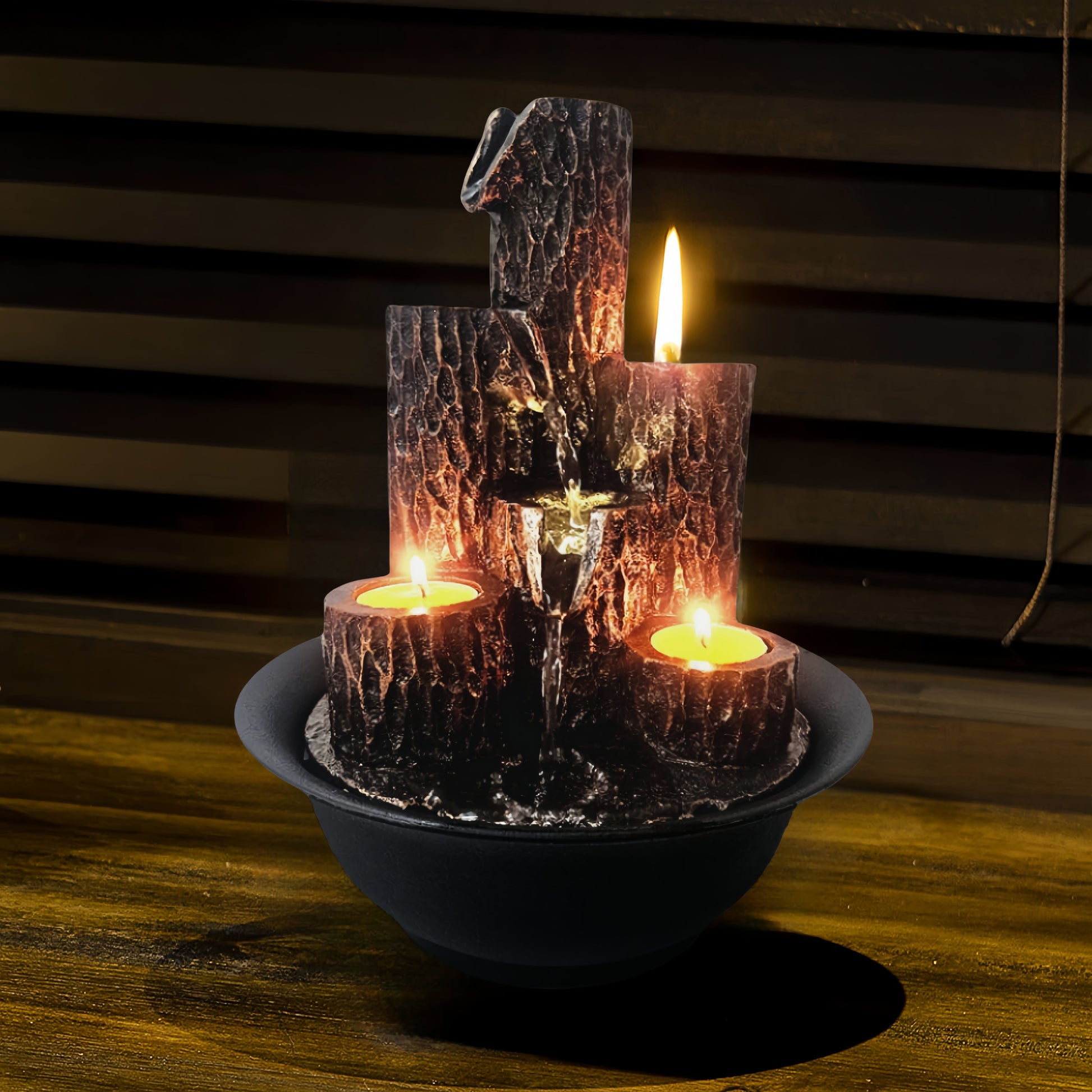Resin 3-Tier Tabletop Waterfall Fountain with Candle Holder, Desktop Water Fountain Indoor Home