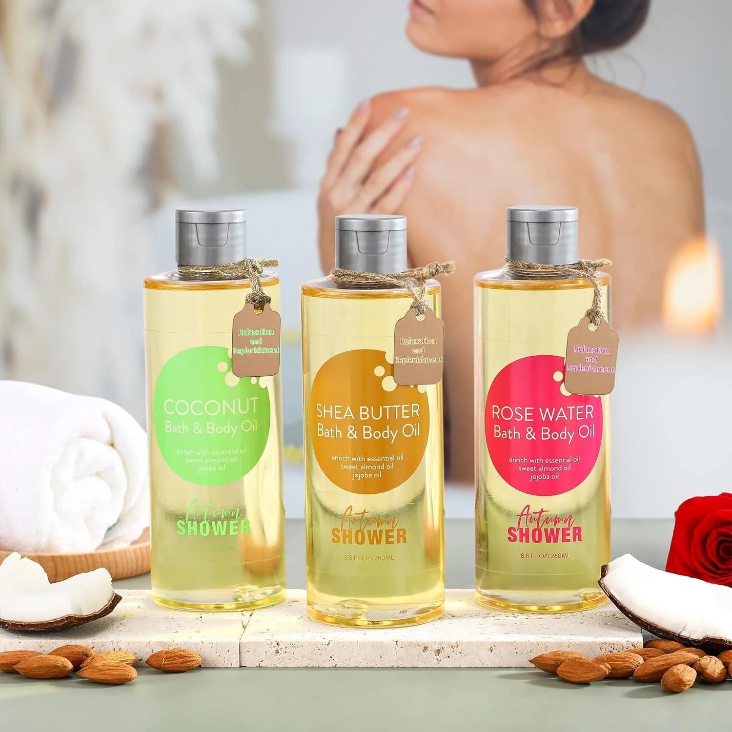 Bath and Body Oil with Sweet Almond Jojoba, Shea Butter, Rose Water, Coconut Bath Oils Gift for Women, Multiuse Oil for Hair Dry Skin 26.4 Fl Oz (Pack of 3)