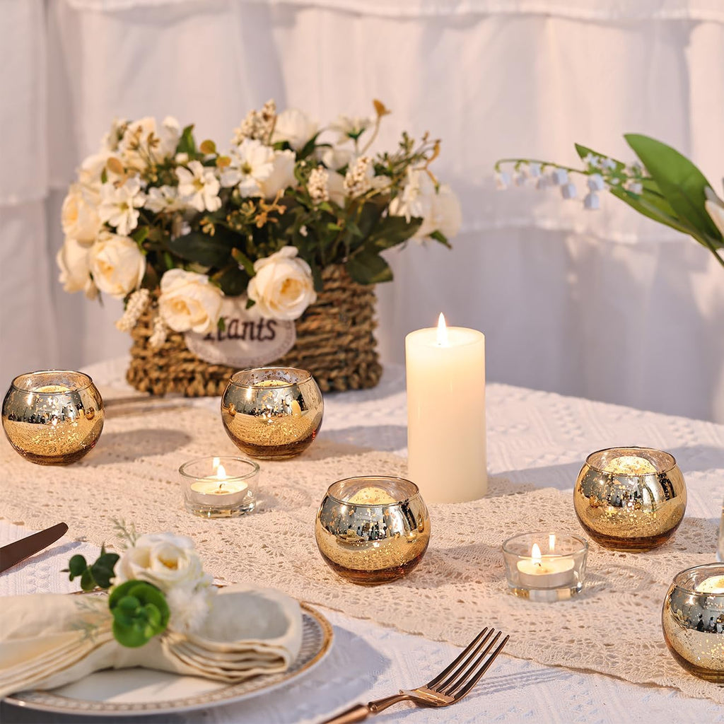 12 Pcs Gold Votive Candle Holders -Gold Mercury Glass Votives Tea Light Candle Holders for Wedding Table Centerpieces, Ramadan, Anniversary, Bridal Shower, Birthday Decor