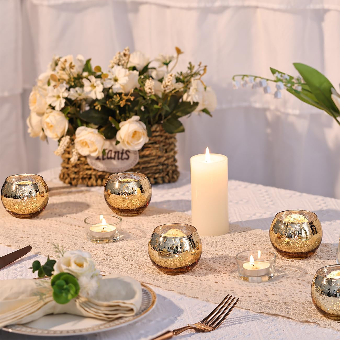 12 Pcs Gold Votive Candle Holders -Gold Mercury Glass Votives Tea Light Candle Holders for Wedding Table Centerpieces, Ramadan, Anniversary, Bridal Shower, Birthday Decor