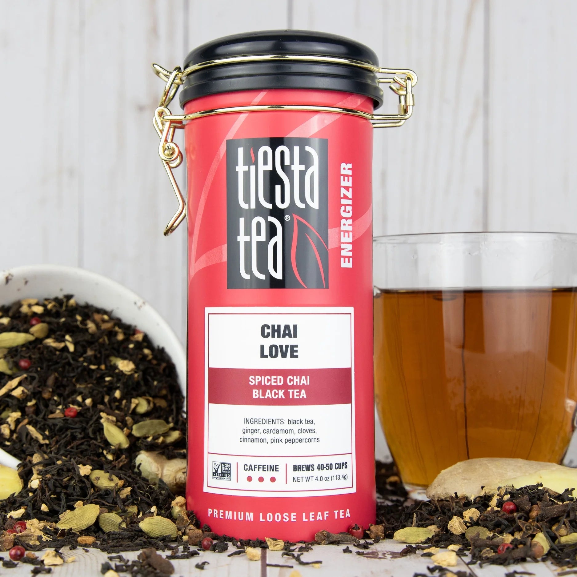 - Chai Love, Energizer Loose Leaf Black Tea, High Caffeine, Gmo-Free, Make Hot or Iced & up to 50 Cups - 4 Oz Refillable Tin Can
