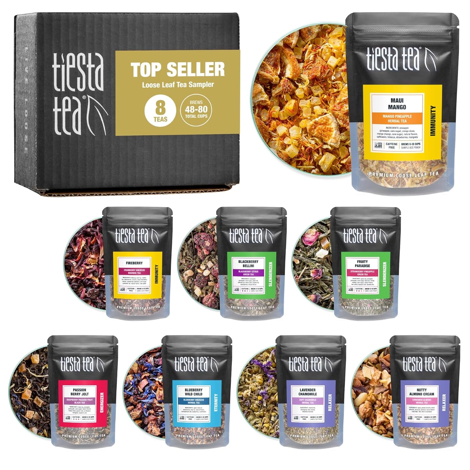 - Top 8 Favorites Sampler Set, Loose Leaf, up to 80 Cups, High to No Caffeine, Hot & Iced, Tea Variety Pack with Green, Herbal, Black & Chai Brew, 8 Sample Pouches