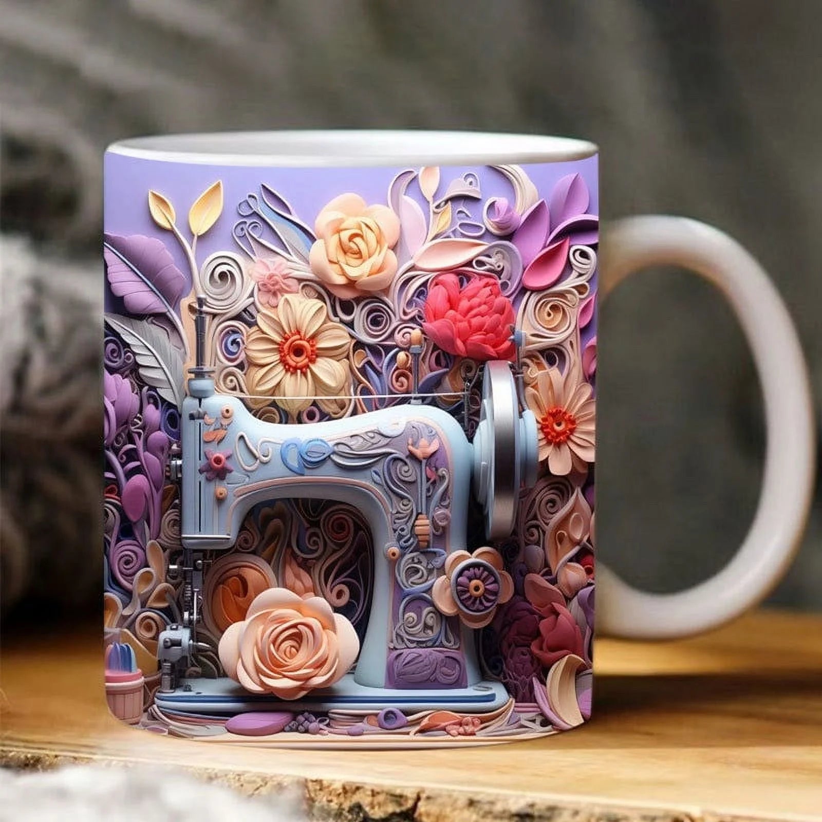 3D Sewing Mug,Floral Sewing Machine Painting Creative Space Design Multi-Purpose Mug, Gifts for Quilters Lovers Sewing Machine Coffee Mug Toothbrush Cup-Purple