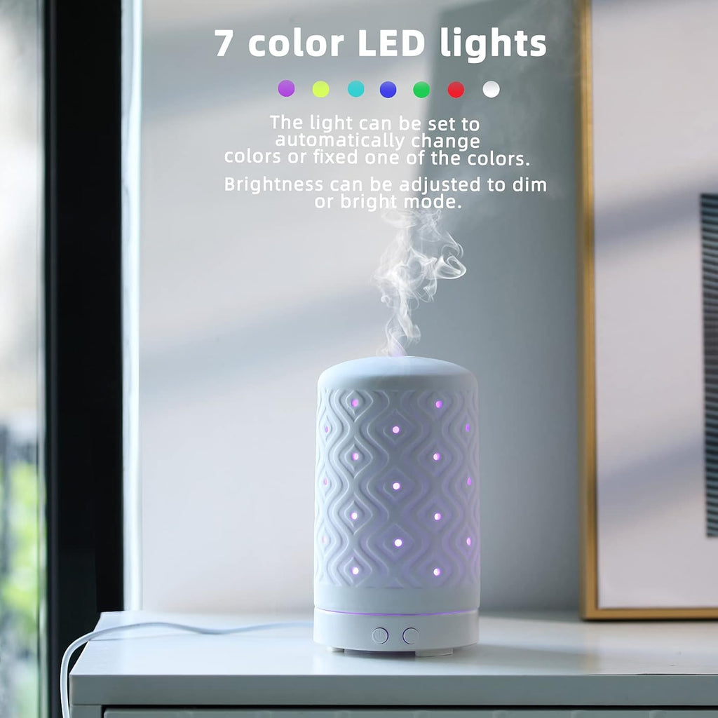 Ceramic Essential Oil Diffuser with 7-Color LED Lighting and Auto Shut-Off Safety Feature - White