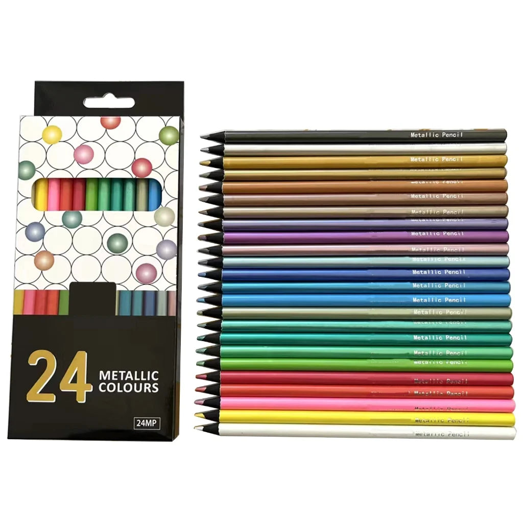 24 Count Metallic Colored Pencils Assorted Coloring Pencil Set Wooden Drawing Pencils for Kids Art Drawing Coloring Book