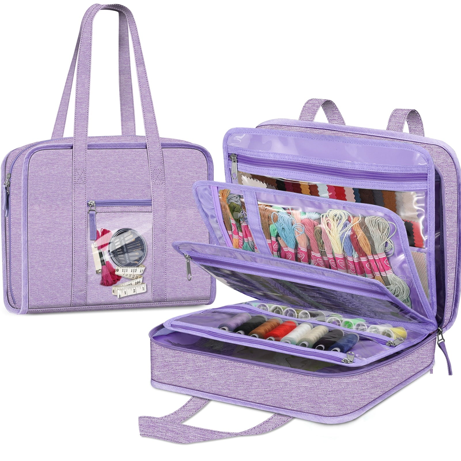 Sewing and Craft Supplies Storage Tote, Large Capacity Travel Packing Organizer Bag with Clear Pockets and Handle for Knitting, Crochet, Art, Sewing Accessories, Lavender
