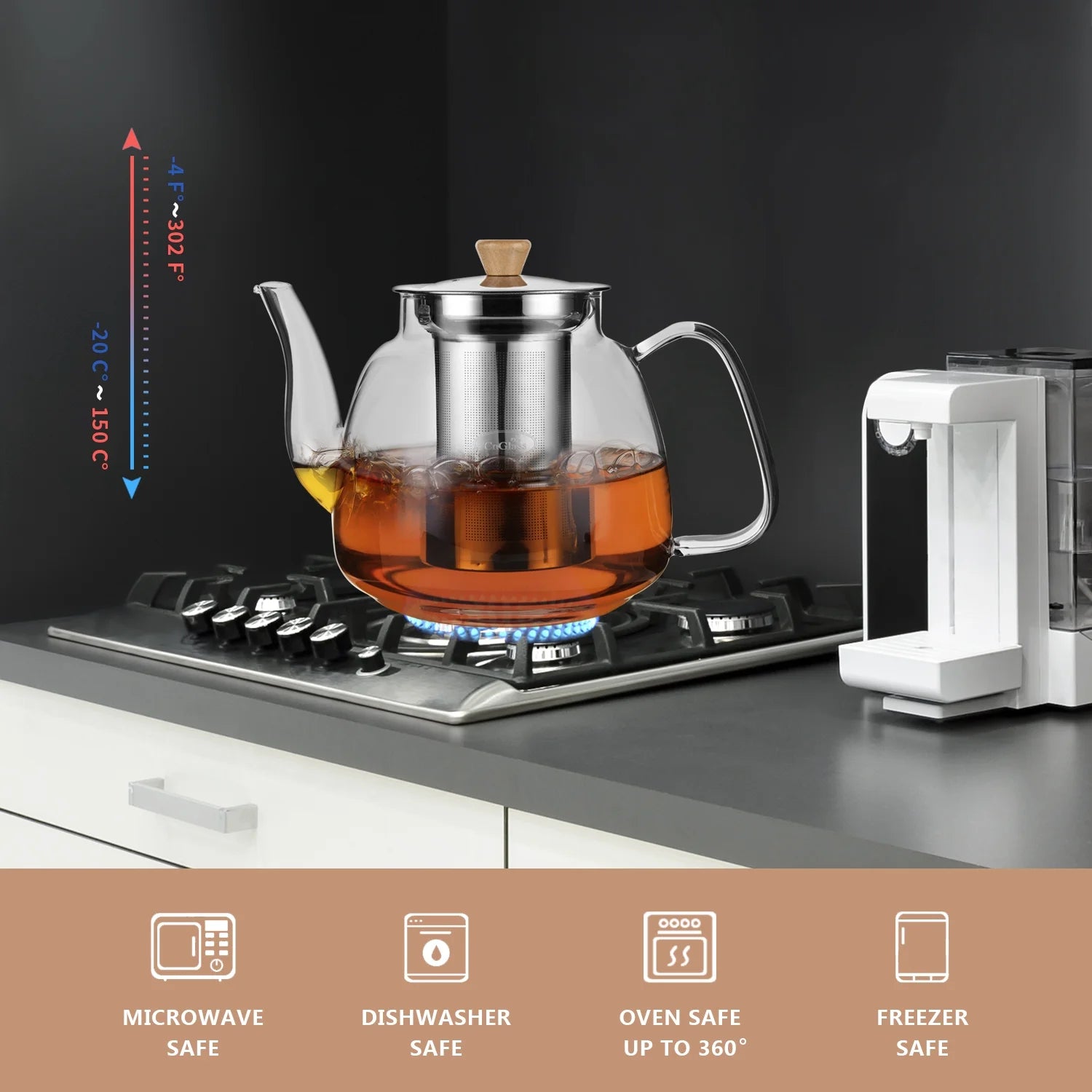 37.5Oz/1100Ml Glass Teapot with Infuser, Clear Glass Tea Kettle with Removable Stainless Steel Strainer, Stovetop Safe Glass Teapot for Blooming and Loose Leaf Tea