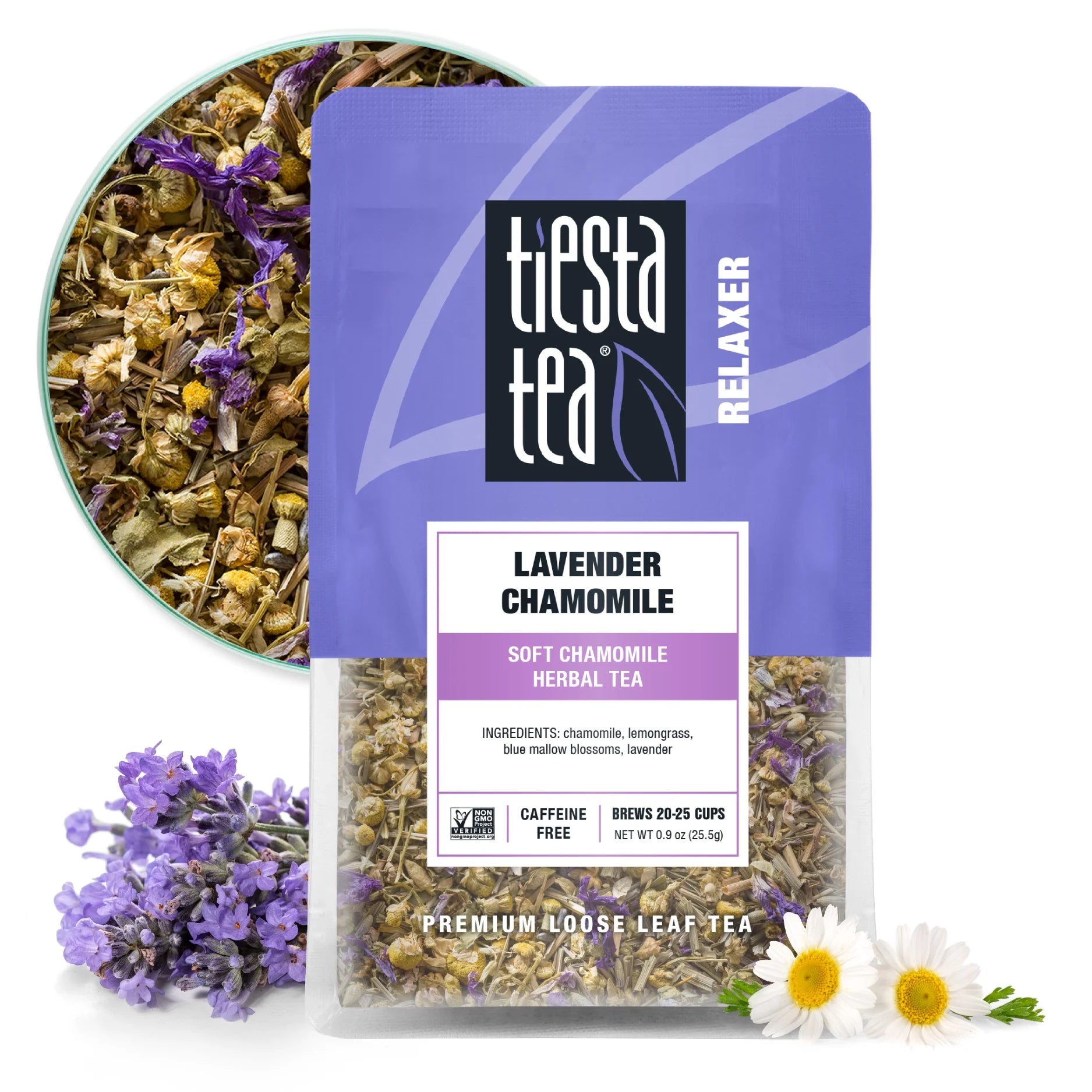 - Lavender Chamomile, Relaxer Loose Leaf Herbal Tea, Caffeine Free, Gmo-Free, Make Hot or Iced Tea & Brews up to 25 Cups - 0.9 Ounce Resealable Pouch