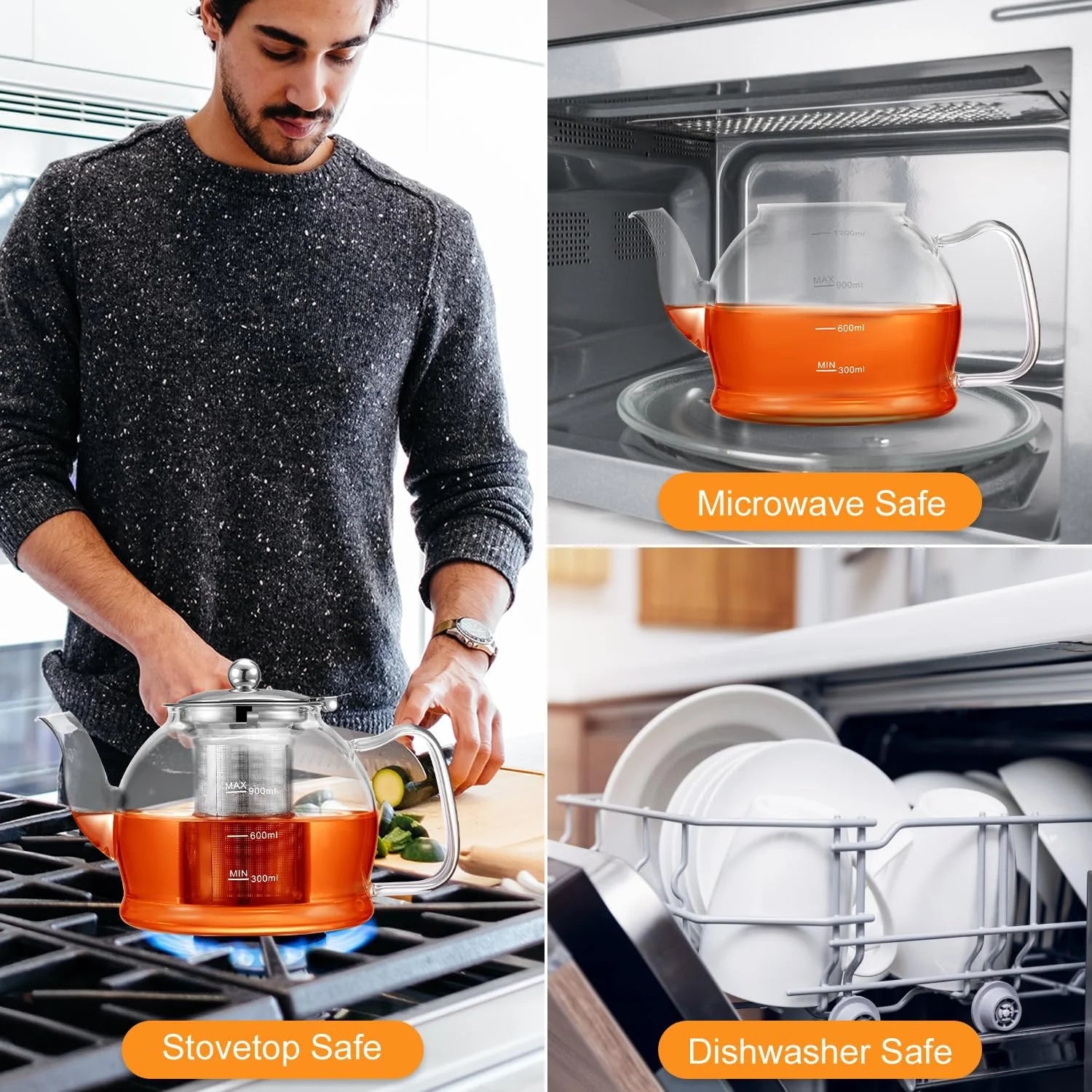 1200Ml Glass Teapot, 40Oz Stovetop Safe Tea Kettle, with Removable Stainless Steel Infuser, for Loose Leaf and Fruit Tea