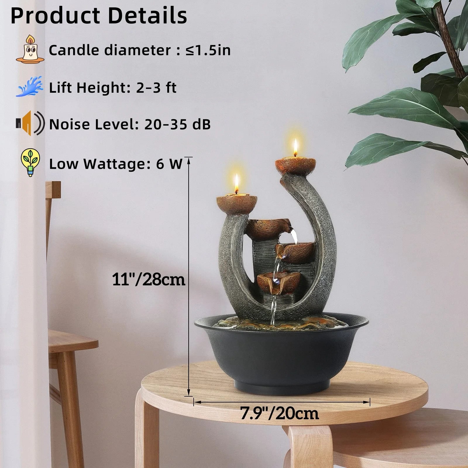 3 Tier Tabletop Waterfall Fountain with Candle Holder,Water Fountain Indoor Home