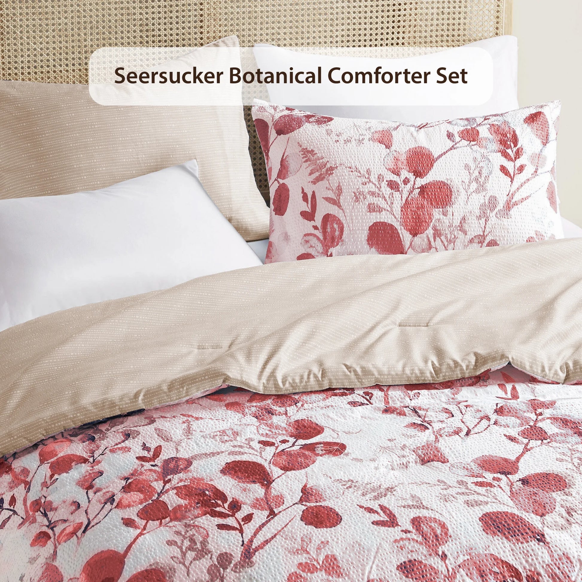King/Cal King Comforter Sets, Reversible Seersucker Floral Bedding Sets, 3 Piece Lightweight Pink Blush Botanical Flowers Comforter Bed Set with Pillow Shams