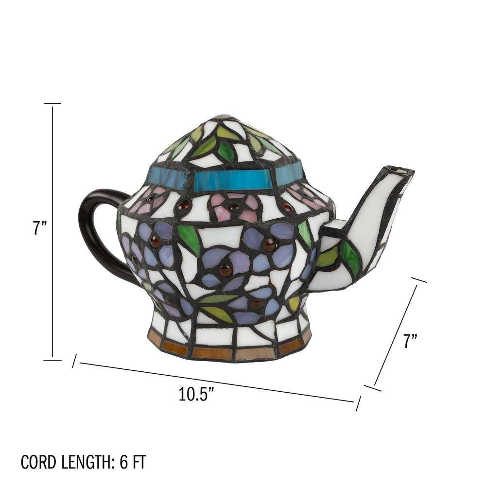 7 In. Multi-Colored Stained Glass Tiffany Style LED Teapot Lamp with Brown Metal Handle