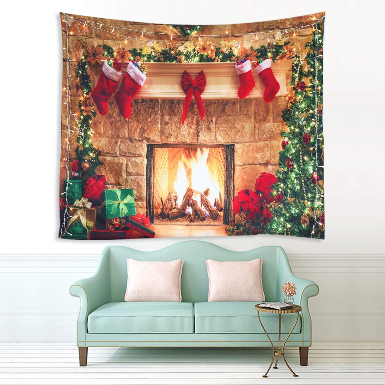 Christmas Tapestry Fireplace Xmas Wall Tapestry Tree Stocking Gift Box Tapestry Wall Hanging for Party Livingroom Bedroom Dorm Home Decor W59 X L51