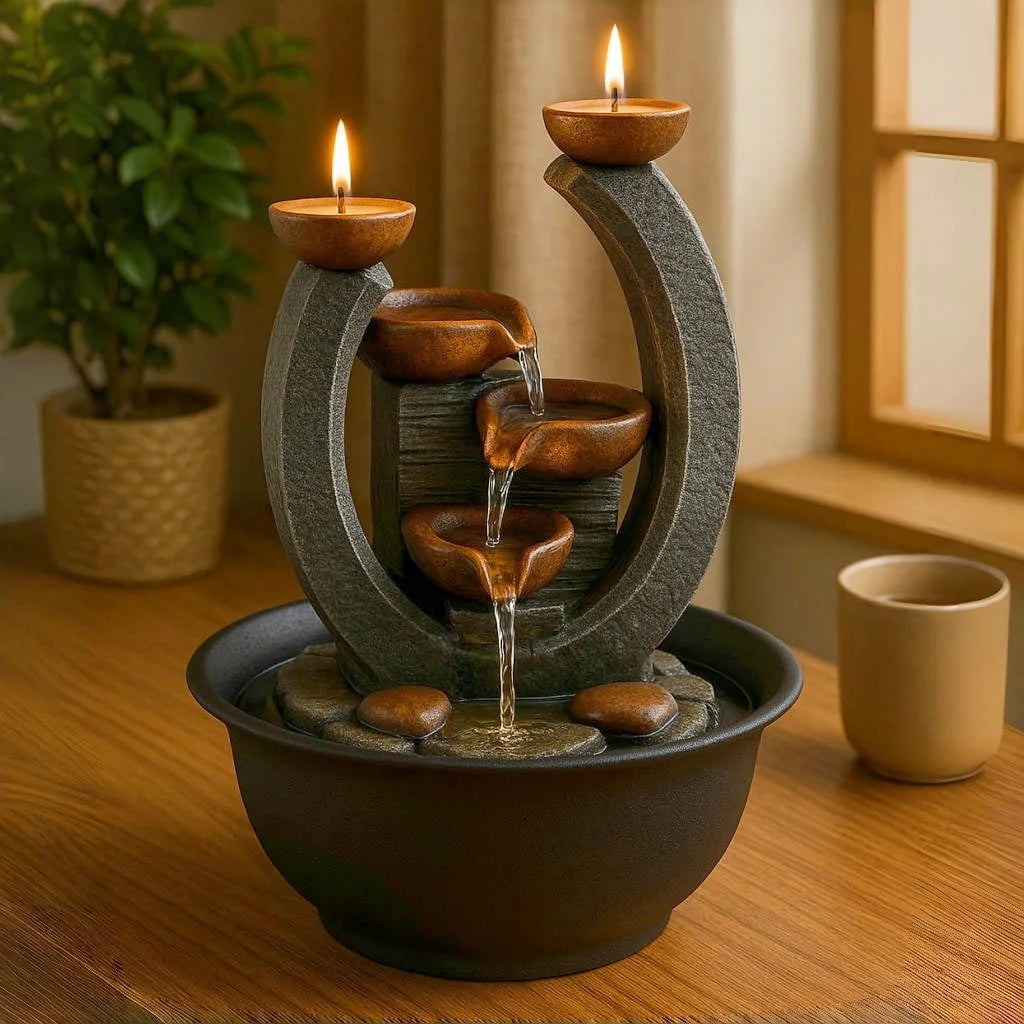 3 Tier Tabletop Waterfall Fountain with Candle Holder,Water Fountain Indoor Home