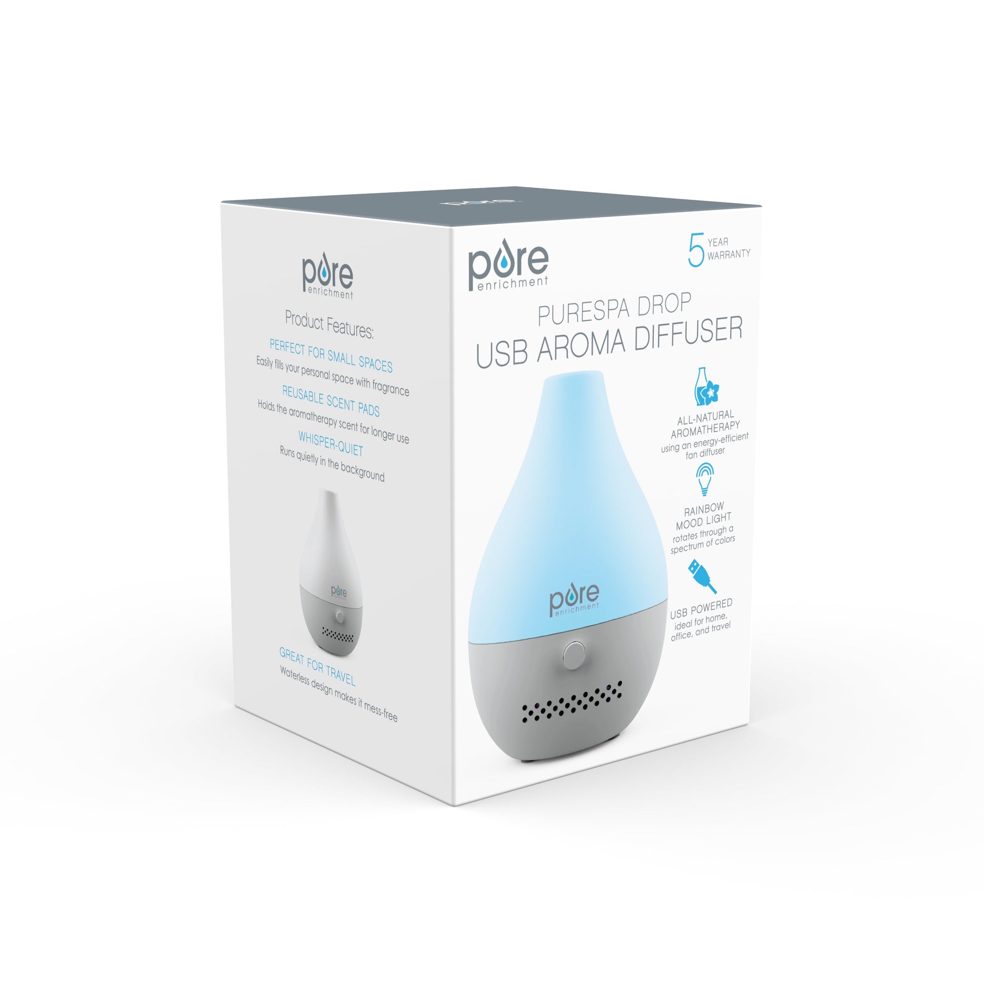 Purespa Drop USB Aroma Diffuser - Waterless Essential Oil Fan Diffuser with 3 Reusable Scent Pads, USB Power Cable, and Color-Changing Mood Light - Ideal for Travel and Small Spaces