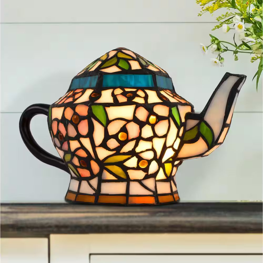 7 In. Multi-Colored Stained Glass Tiffany Style LED Teapot Lamp with Brown Metal Handle