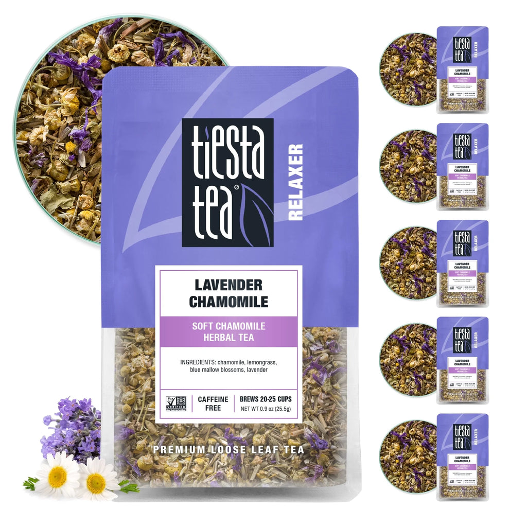 - Lavender Chamomile, Relaxer Loose Leaf Herbal Tea, Caffeine Free, Gmo-Free, Make Hot or Iced Tea & Brews up to 25 Cups - (0.9 Ounce X 6 ) Resealable Pouch