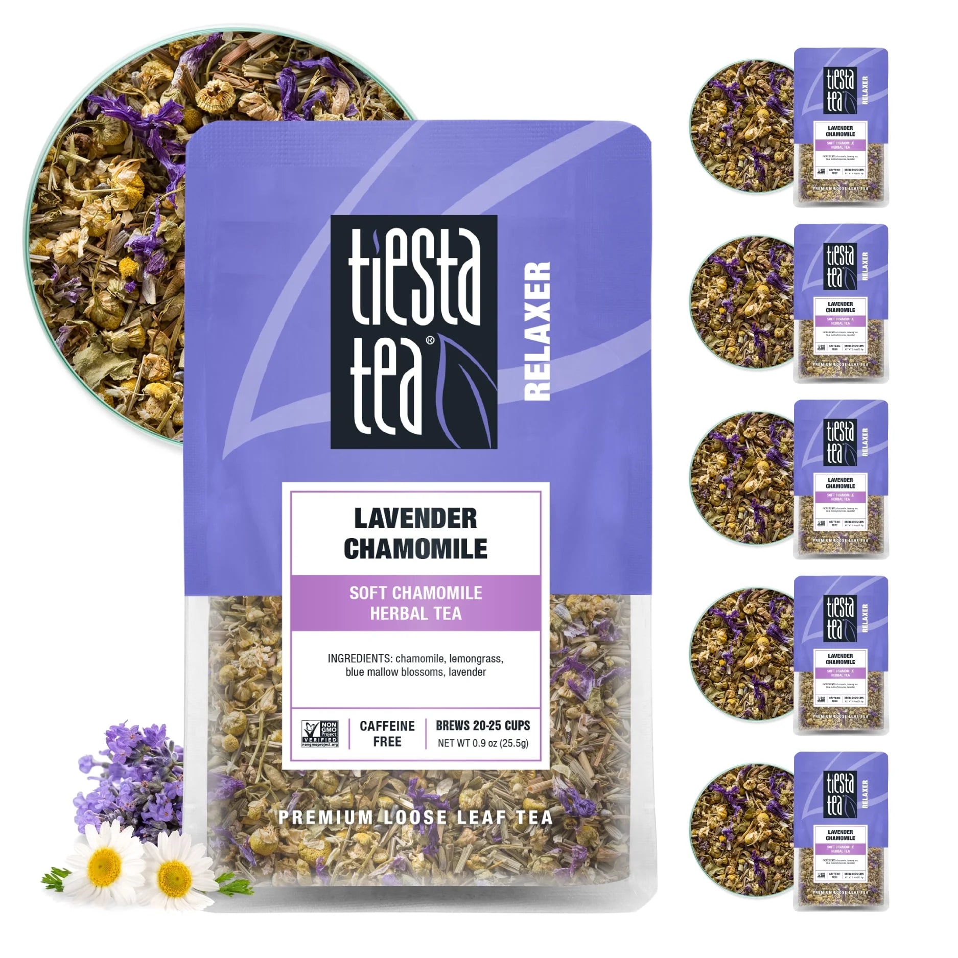 - Lavender Chamomile, Relaxer Loose Leaf Herbal Tea, Caffeine Free, Gmo-Free, Make Hot or Iced Tea & Brews up to 25 Cups - (0.9 Ounce X 6 ) Resealable Pouch