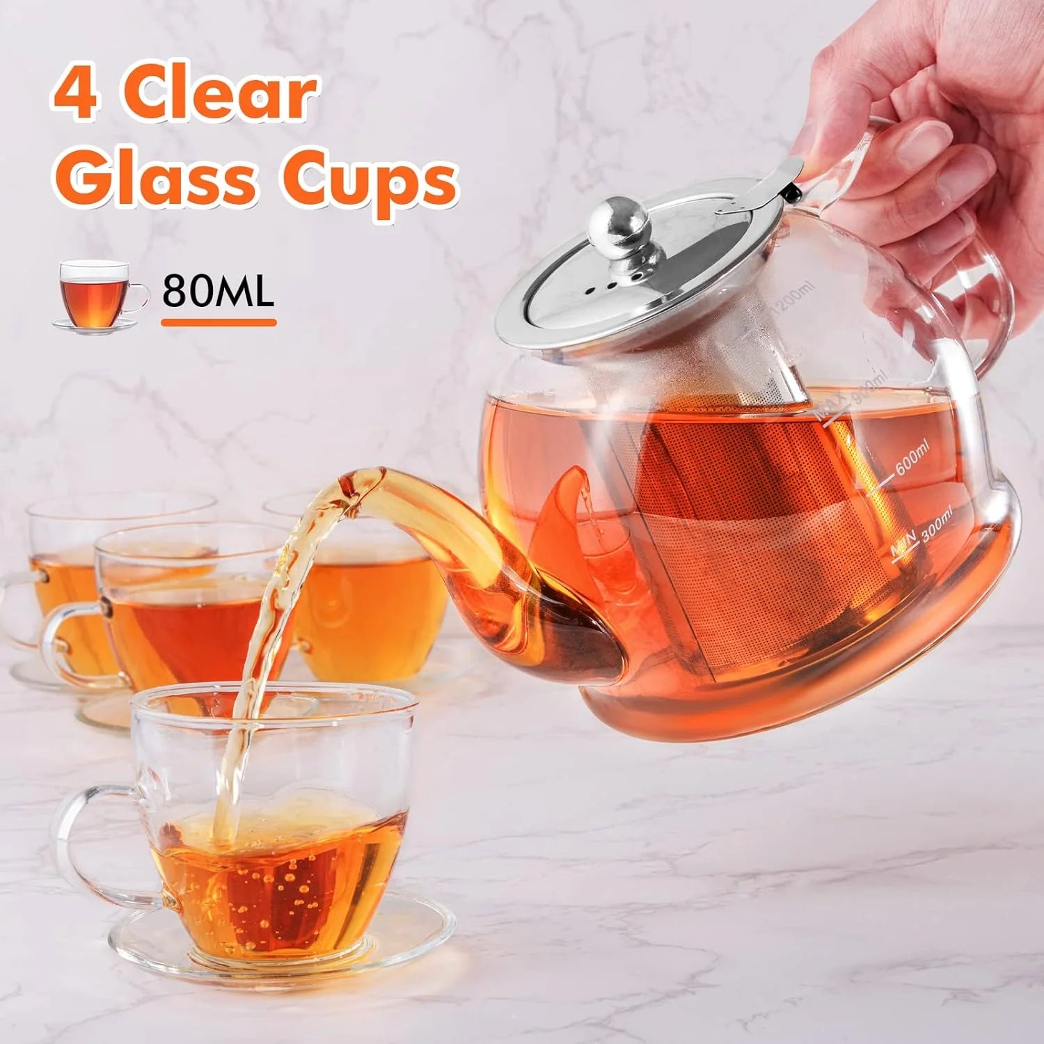 1200Ml Glass Teapot Set, with Removable Stainless Steel Infuser and 4 Glass Tea Cups, Stovetop Safe Teapot Gift Set, Blooming and Loose Leaf Glass Pitcher