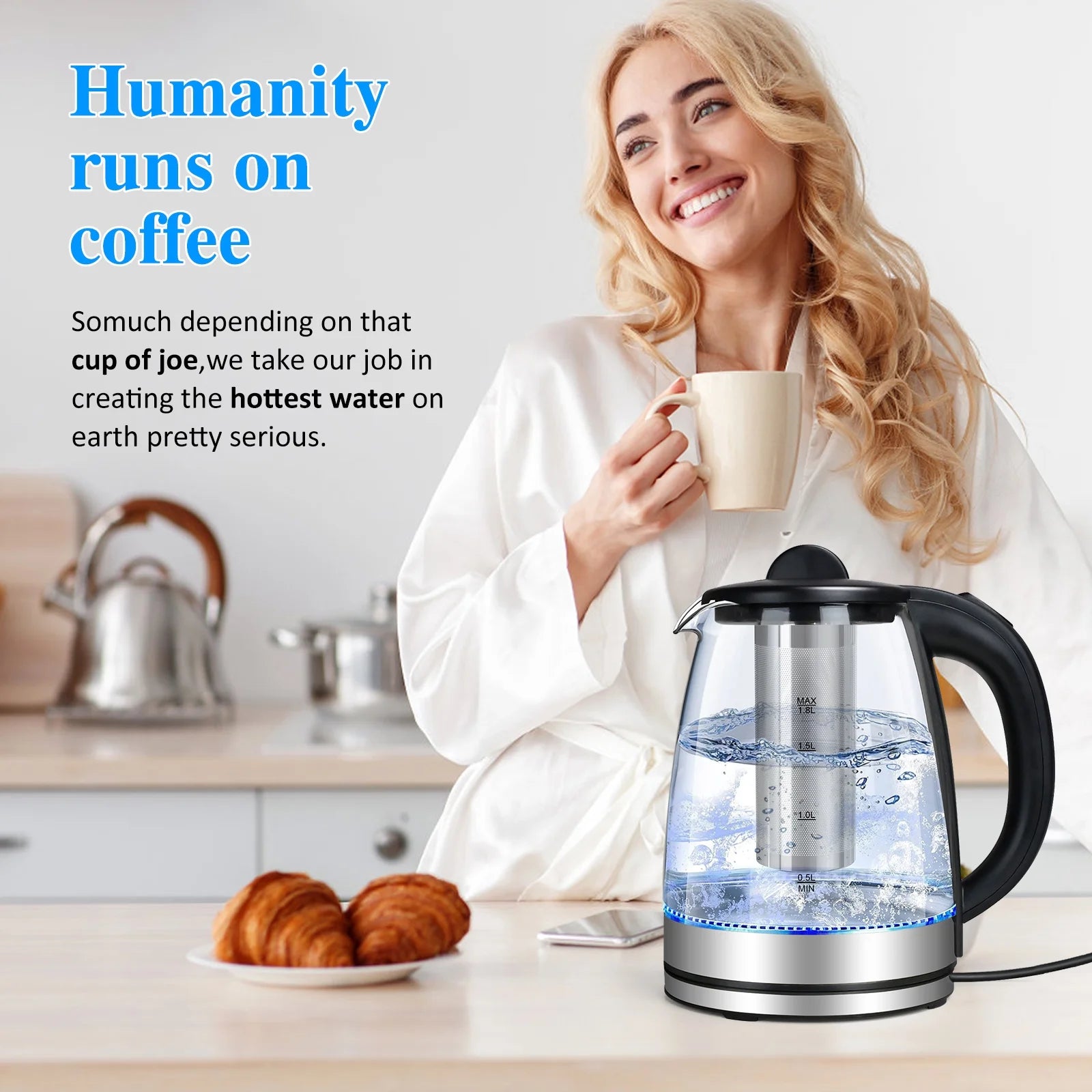 Electric Kettle with Stainless Steel Removable Infuser: 2L Borosilicate Glass Electric Tea Kettle , 1500W Boiling Water Pot, Auto Shut Off, Boil-Dry Protection