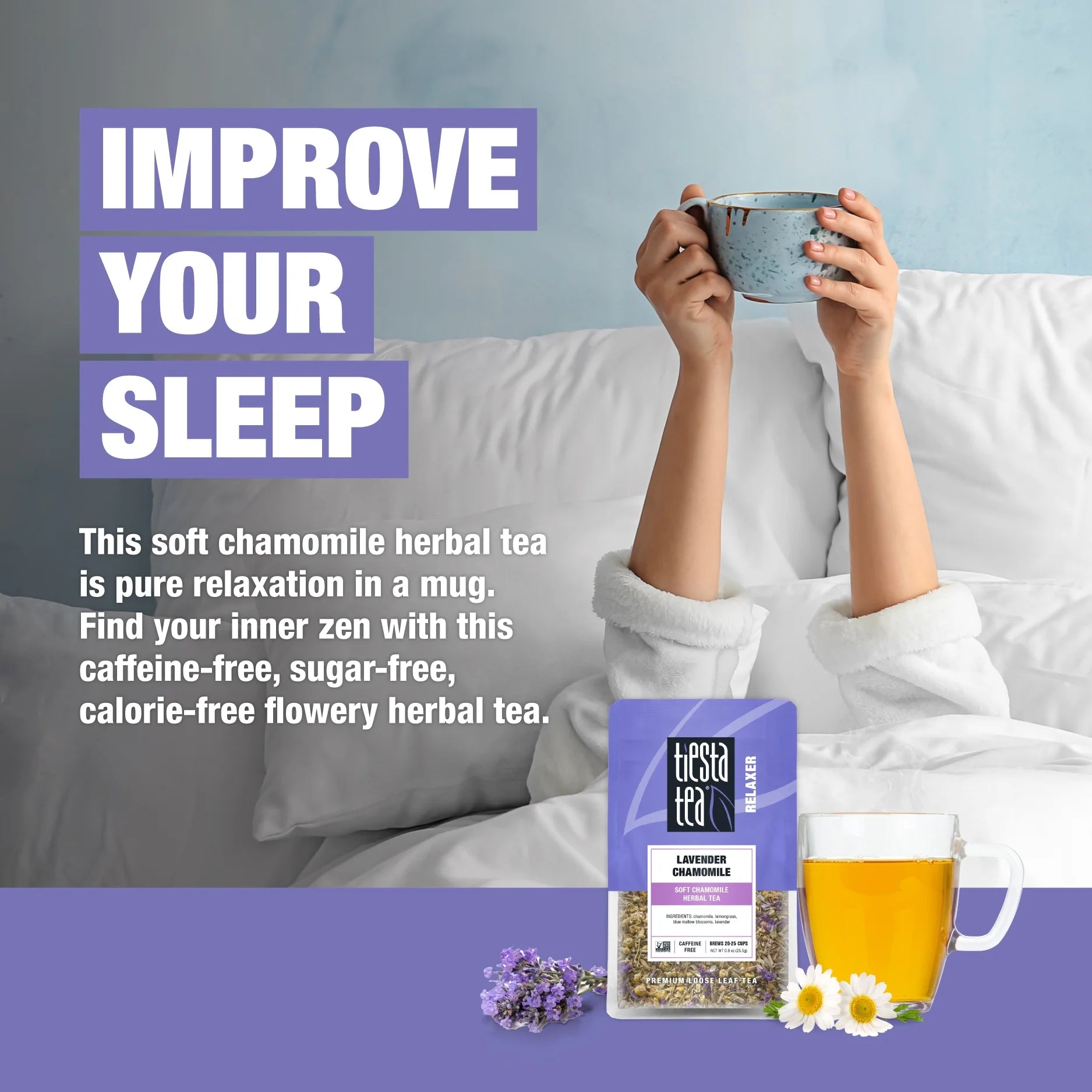 - Lavender Chamomile, Relaxer Loose Leaf Herbal Tea, Caffeine Free, Gmo-Free, Make Hot or Iced Tea & Brews up to 25 Cups - 0.9 Ounce Resealable Pouch