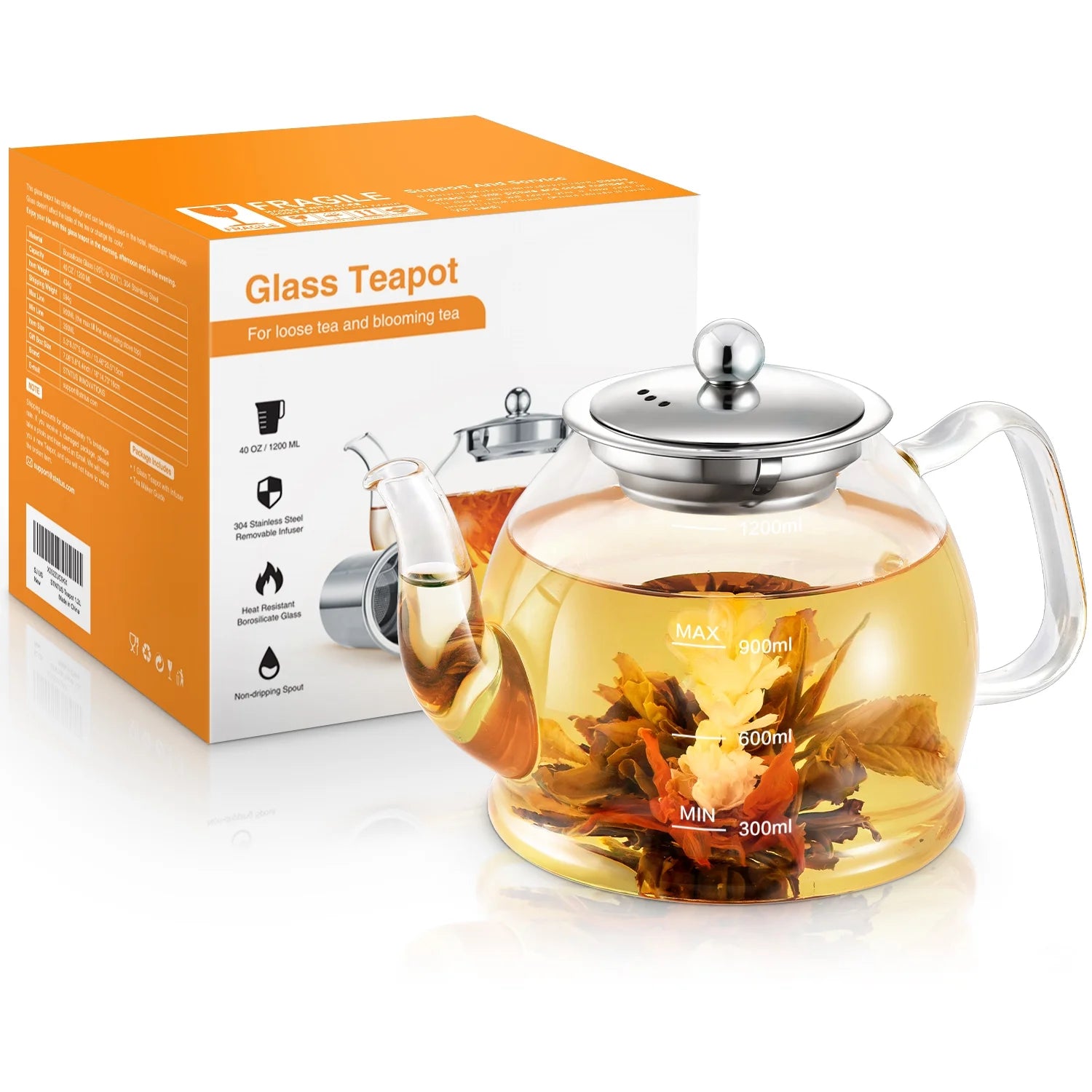 1200Ml Glass Teapot, 40Oz Stovetop Safe Tea Kettle, with Removable Stainless Steel Infuser, for Loose Leaf and Fruit Tea