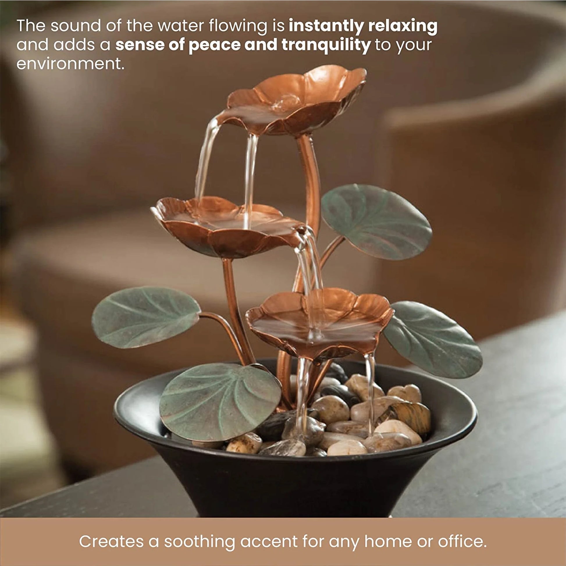 Tabletop Water Serenity Fountain Indoor Water Lily Ornaments, Copper, 10"